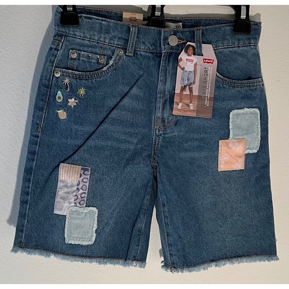 Girls Levis‎ Skate Shorts Size 10 Denim Patched Embellished Frayed Hem Cute